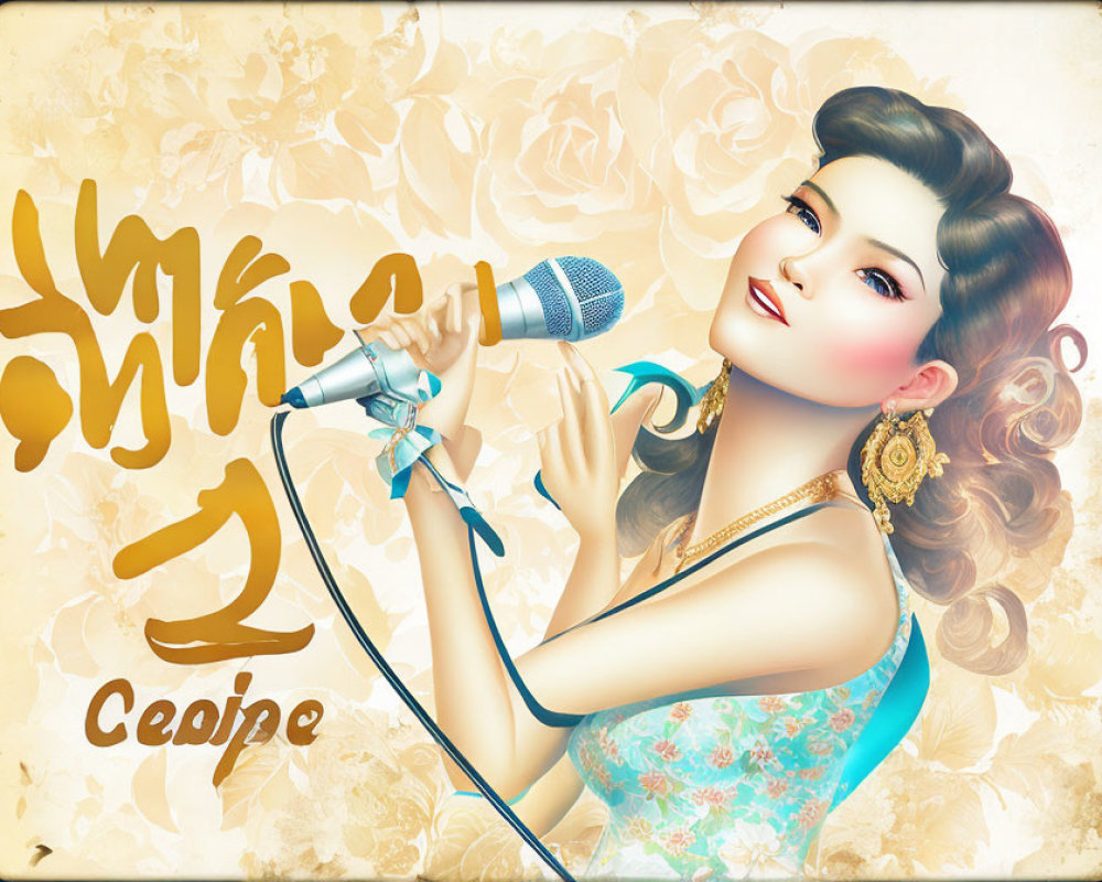 Woman singing with microphone in stylized illustration amidst roses and Asian script.