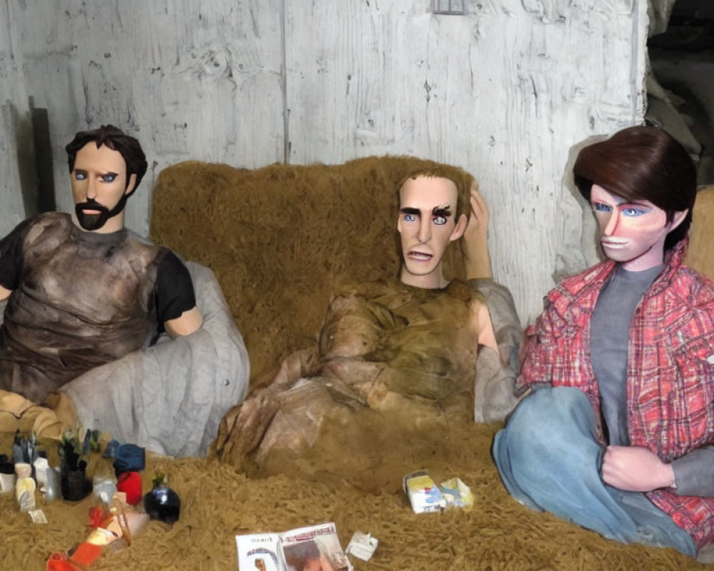 Three life-size puppets with exaggerated facial features on a couch with small objects around