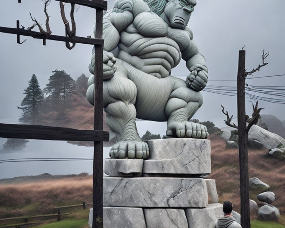Massive stone creature on pedestal observed by man in misty landscape