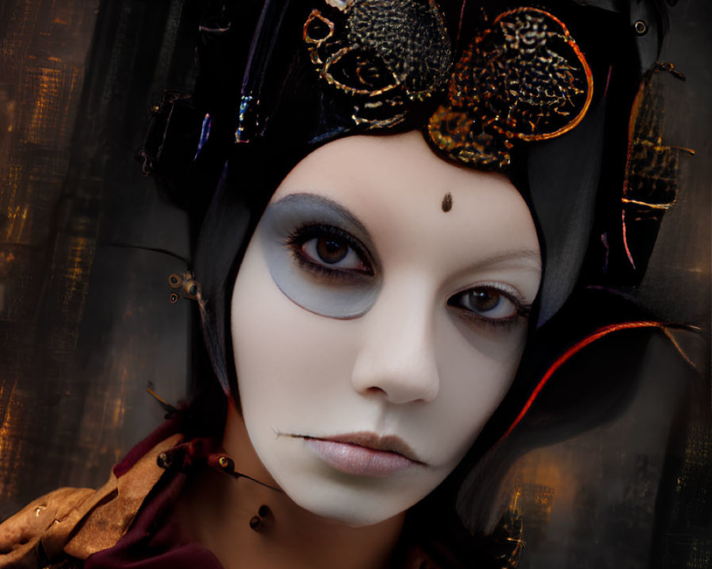 Pale Makeup and Dark Lips Steampunk Headpiece with Gears and Goggles