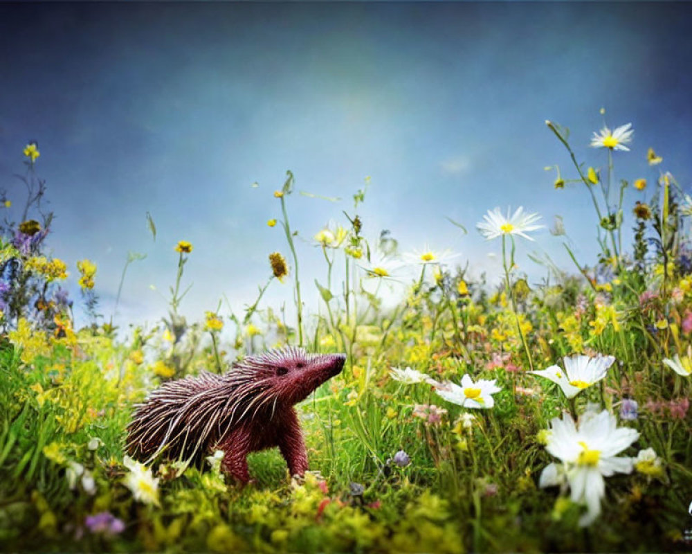 Hedgehog in Wildflowers Under Moody Sky