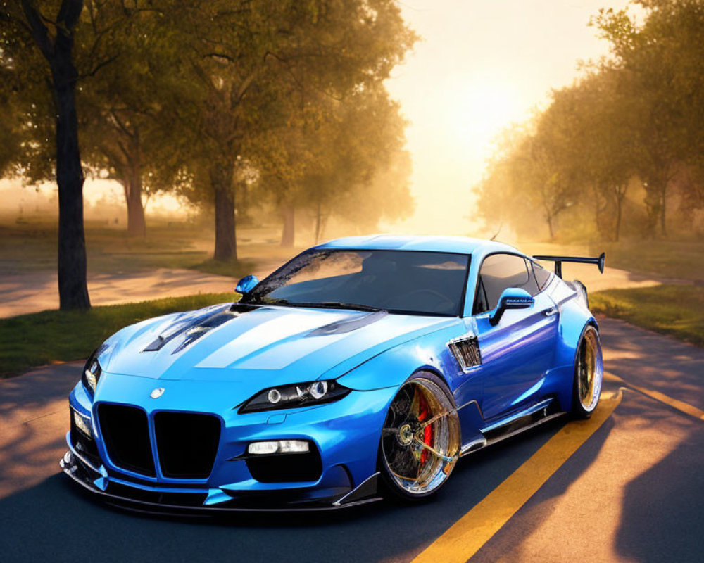 Blue Sports Car with Racing Modifications Parked on Tree-Lined Road at Sunrise