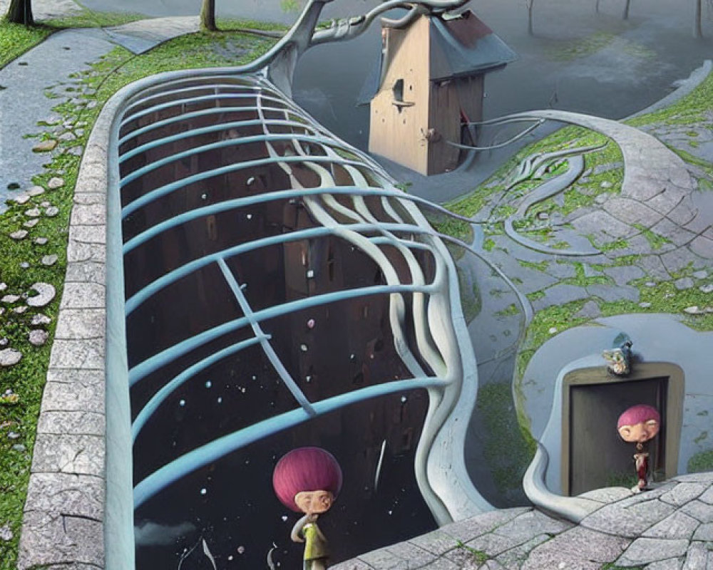 Whimsical surreal illustration of girl with umbrella on piano path