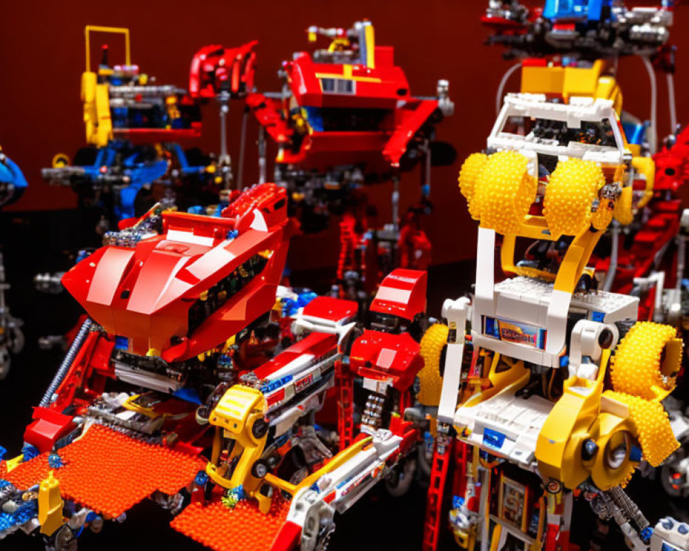Intricate Lego robot models in colorful designs on red backdrop