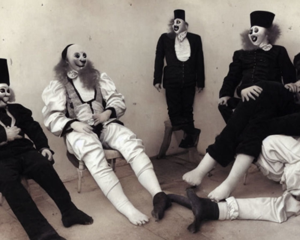 Vintage clown costumes group in eerie yet jovial scene