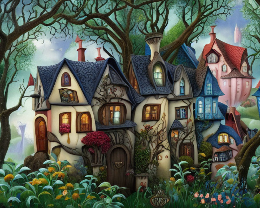Whimsical, colorful cottages in enchanted forest setting