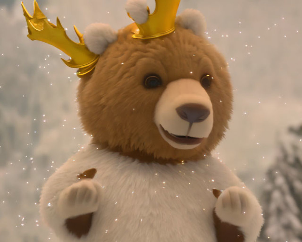 Plush Toy Bear with Golden Crown in Snowy Scene
