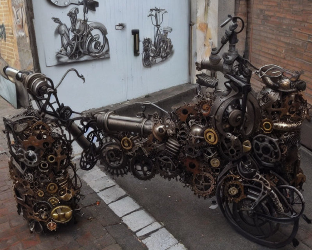 Metal motorcycle sculpture with gears and cogs on brick street display.