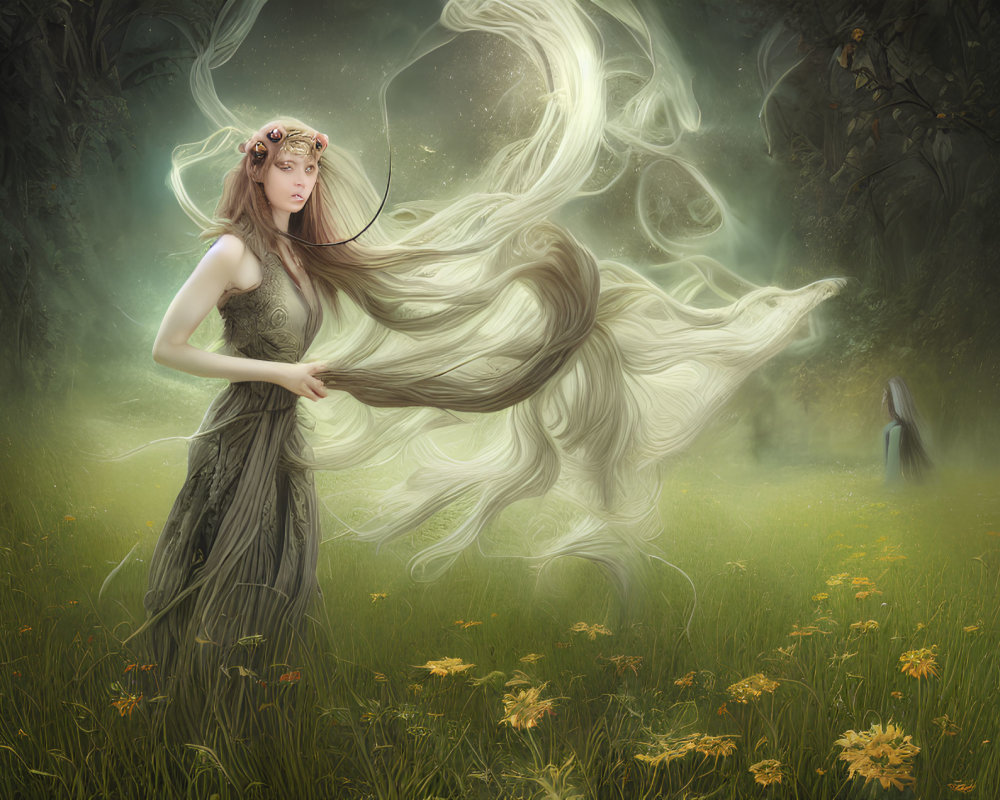 Mystical woman in forest with flowing hair, light streaks, flowers, and shadowy figure