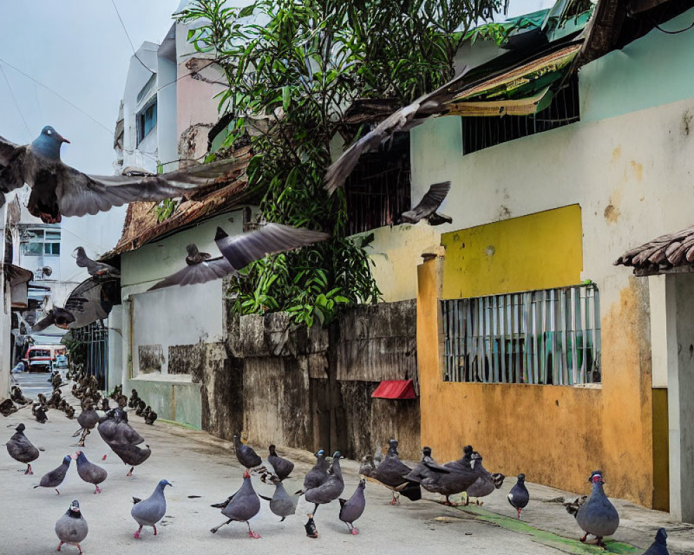 Urban street scene with flock of pigeons and flying bird.