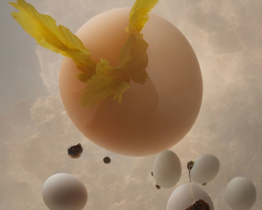 Yellow Feathered Egg Surrounded by Cracked Eggs in Cloudy Scene