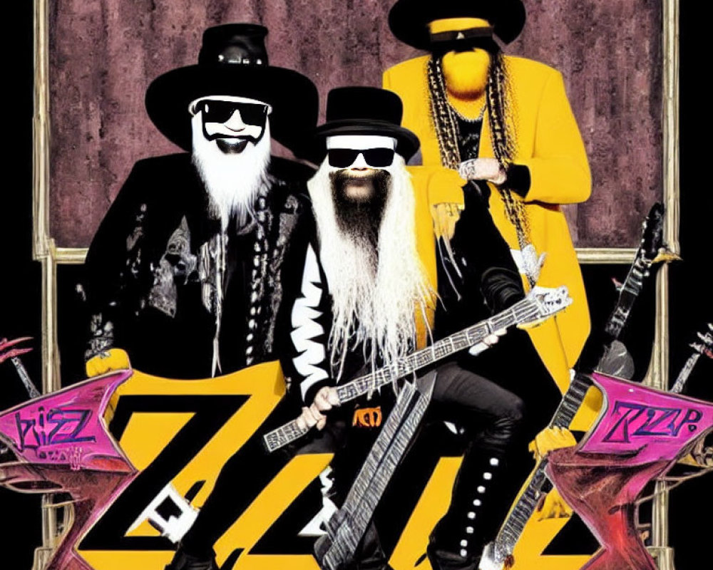 Three musicians in long beards and sunglasses, wearing hats and black and yellow outfits, posing with guitars
