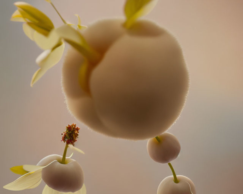 Surreal floating apple-like fruits with flower petal wings on gradient background
