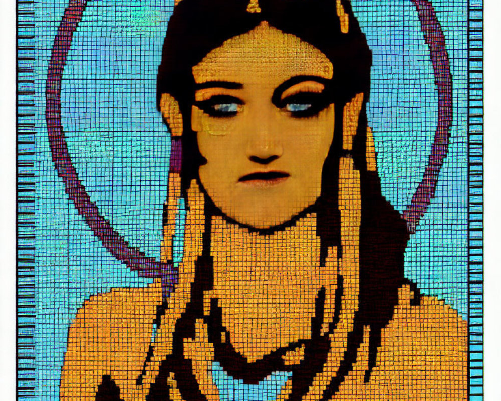Pixelated portrait of figure with blue halo, dark hair, headpiece, and necklaces.