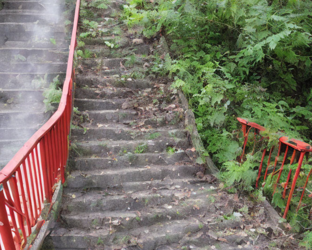 Weathered stone staircase with overgrown greenery, red railing, and mist above.