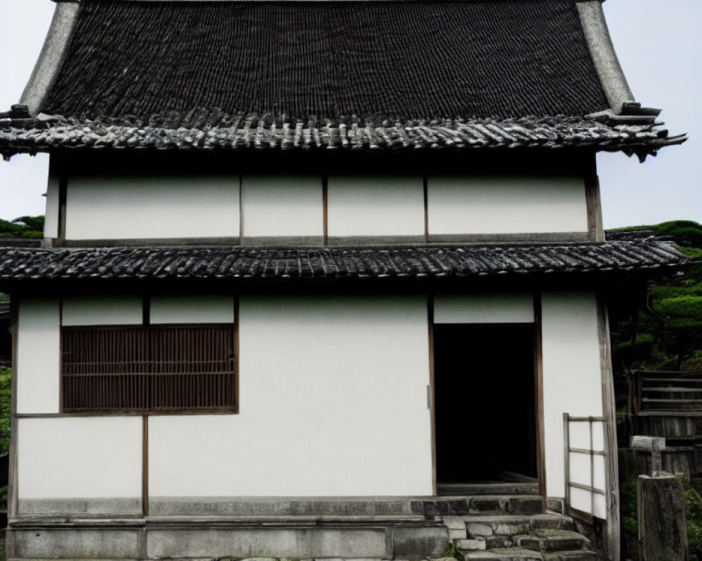 Traditional Japanese building with thatched roof and sliding doors under a cloudy sky