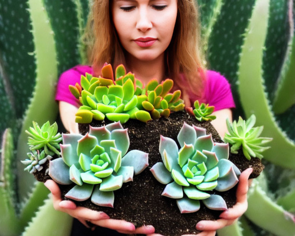 Woman in pink shirt holding green succulents with large cactus background