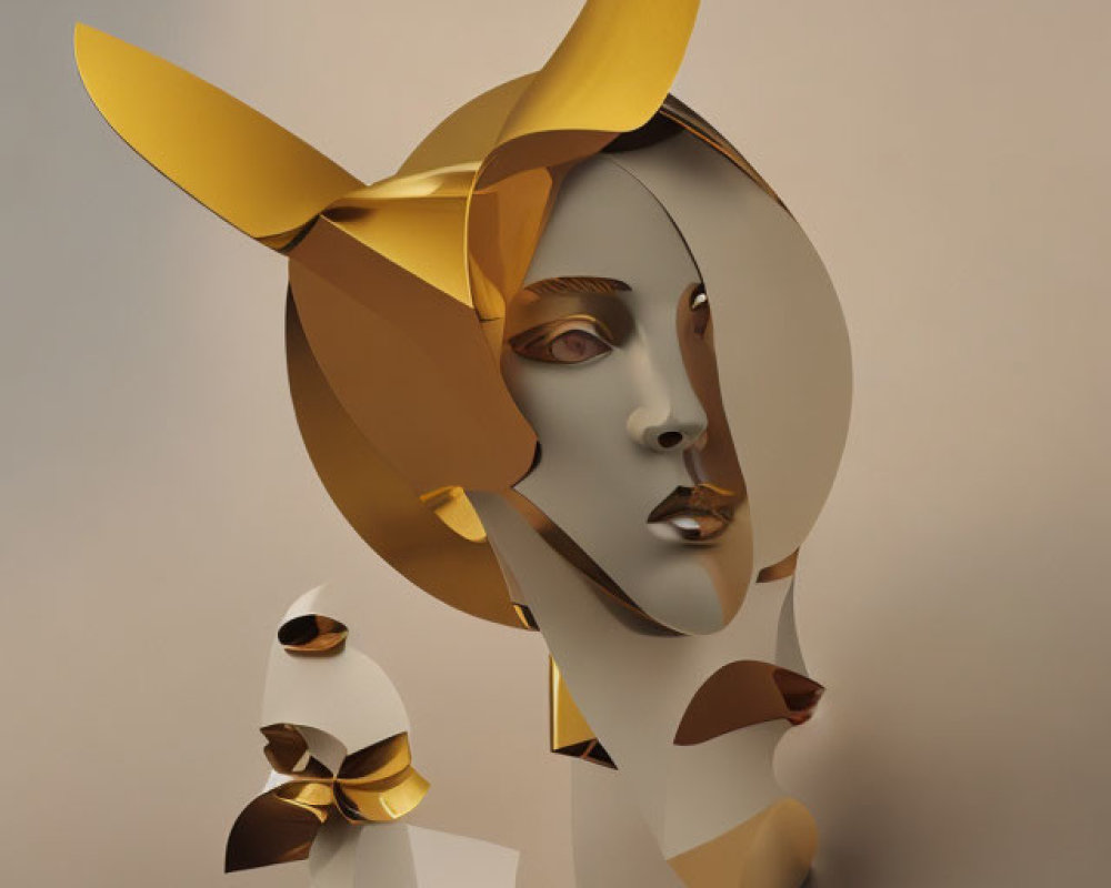 Stylized Female Figure with Golden Geometric Adornments in 3D Render