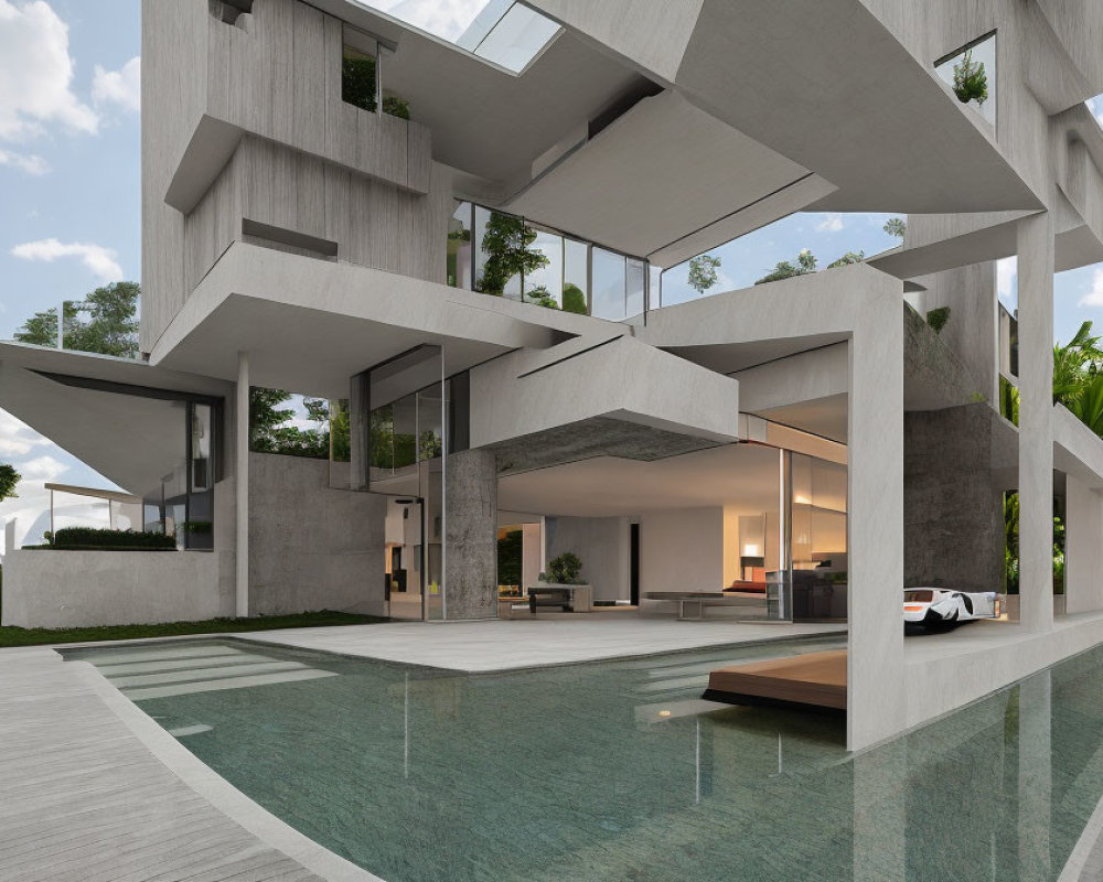 Luxury modern house with glass windows, concrete structures, pool, and white car.