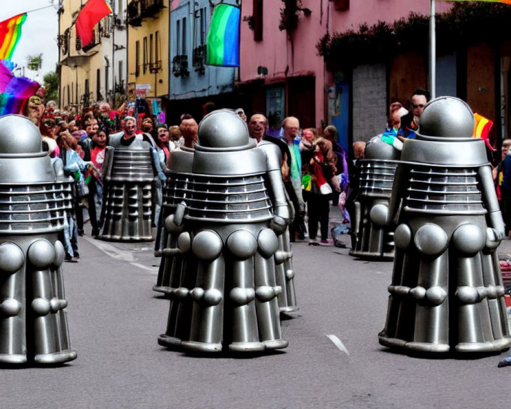 Colorful Parade Featuring Rainbow Flags and Dalek Replicas