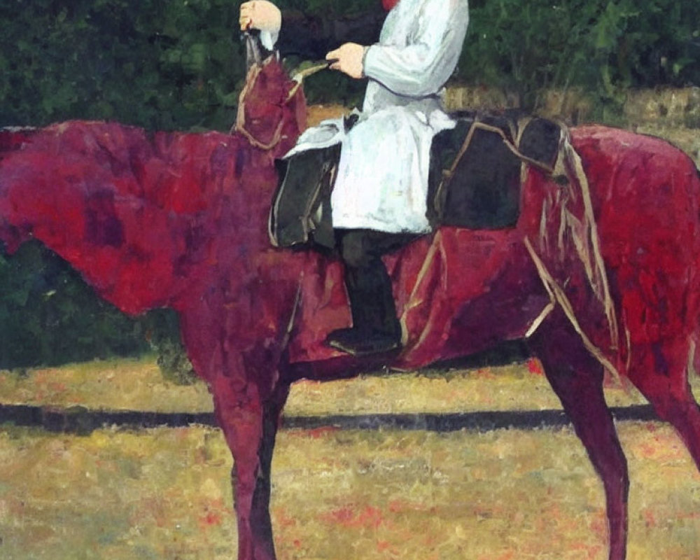 Bald Person in Traditional Attire Riding Red Horse with White Object