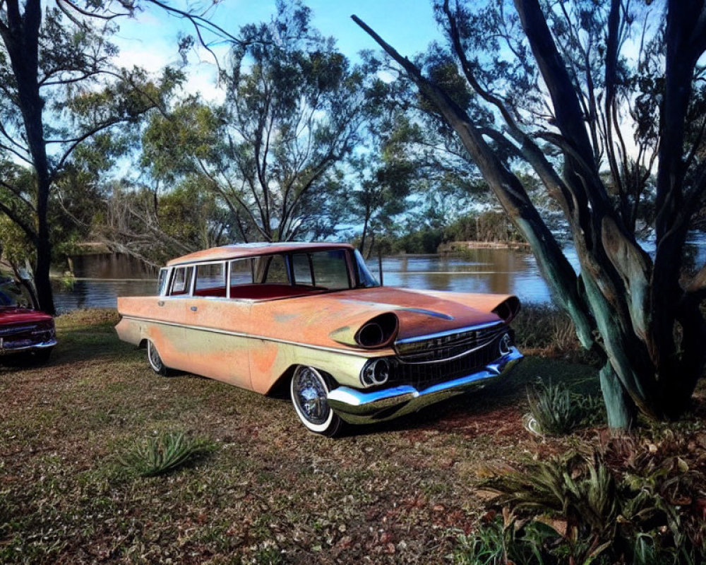Classic Station Wagon Parked by River with Trees and Clear Sky