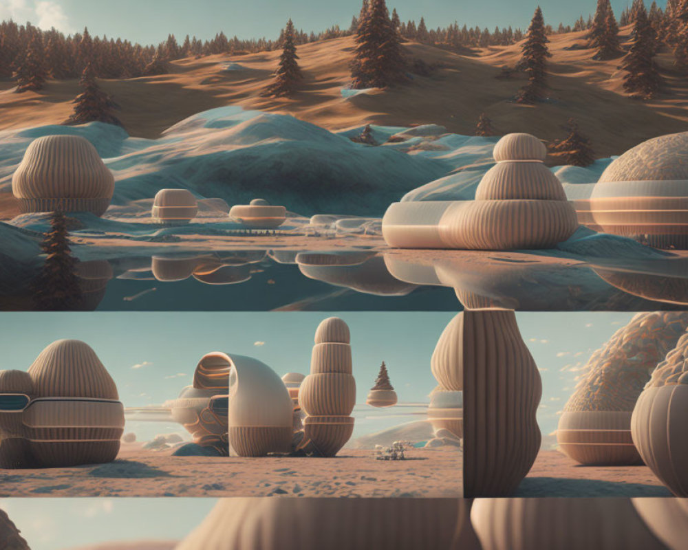 Surreal landscape with dome-like structures reflected in tranquil water