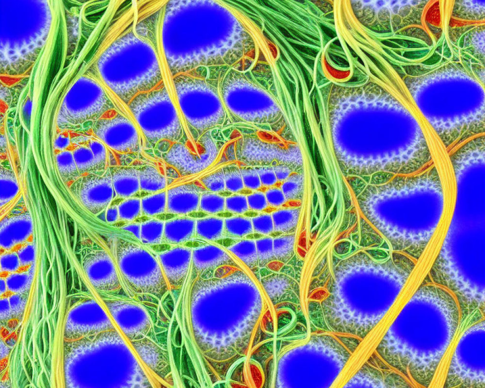 Green tendrils on blue and purple cells with orange highlights
