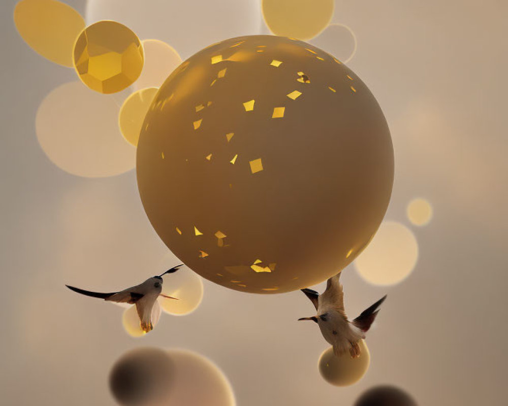 Two hummingbirds near large golden sphere with smaller orbs in warm, glowing background