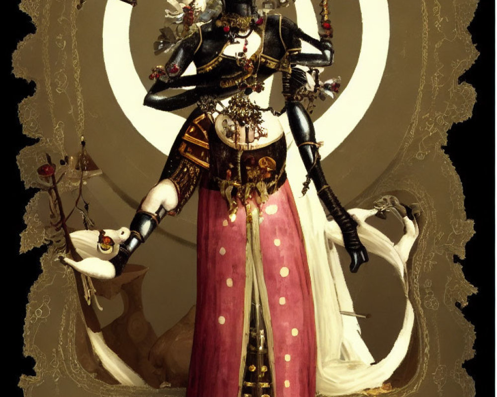 Dark-skinned multi-armed figure with golden adornments and symbolic objects on cream backdrop