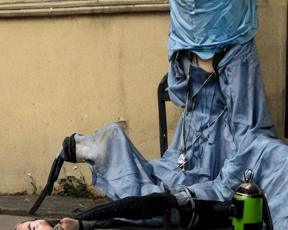 Headless person lying with green android and blue tarp on chair