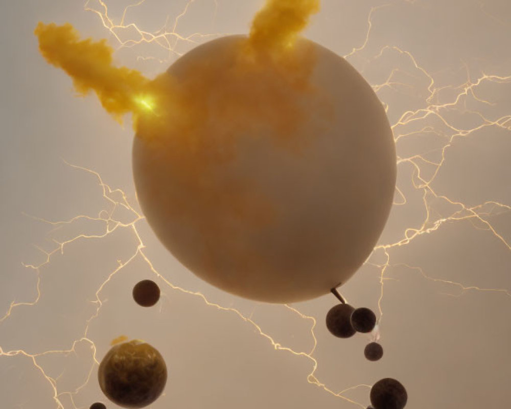 Surreal image of central sphere with lightning and fiery explosion among smaller spheres