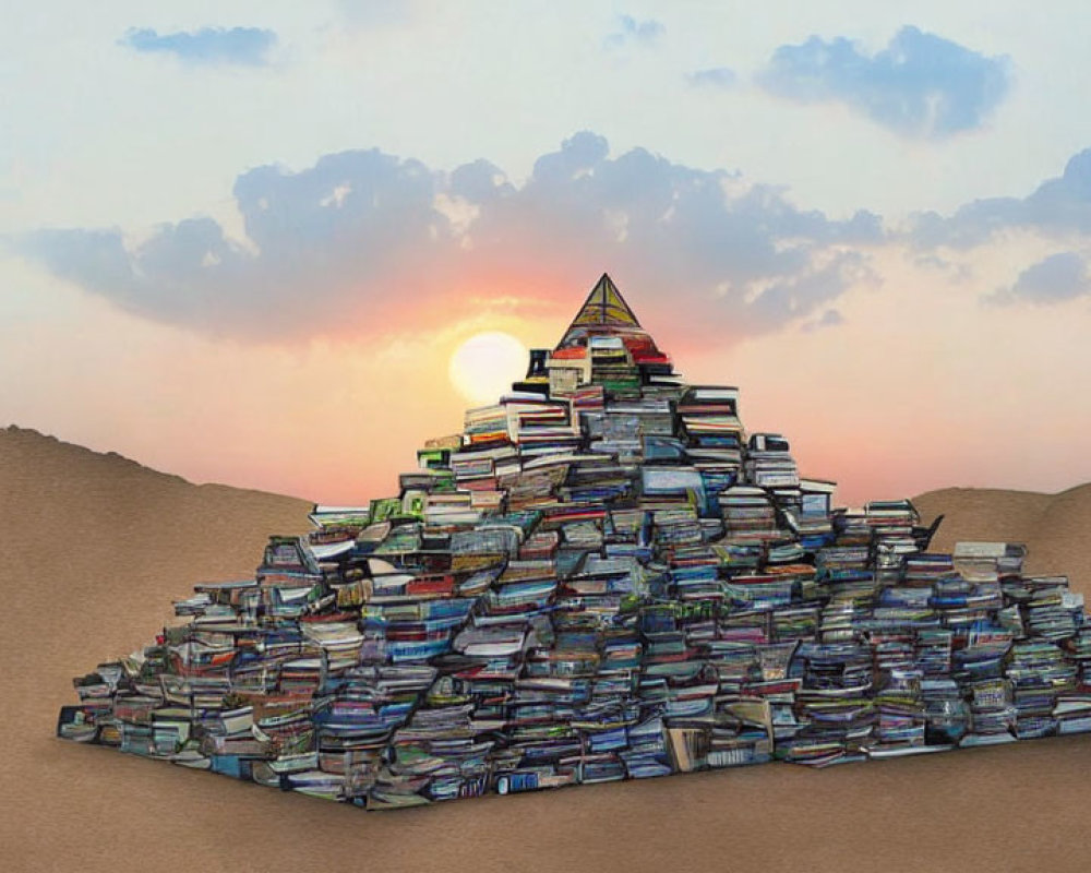 Stacked Books Pyramid with Glowing Triangle in Desert Sunset