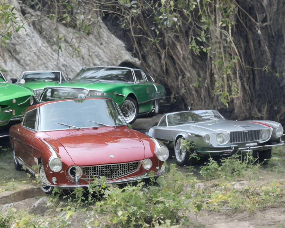 Assorted classic cars parked outdoors on rocky terrain.