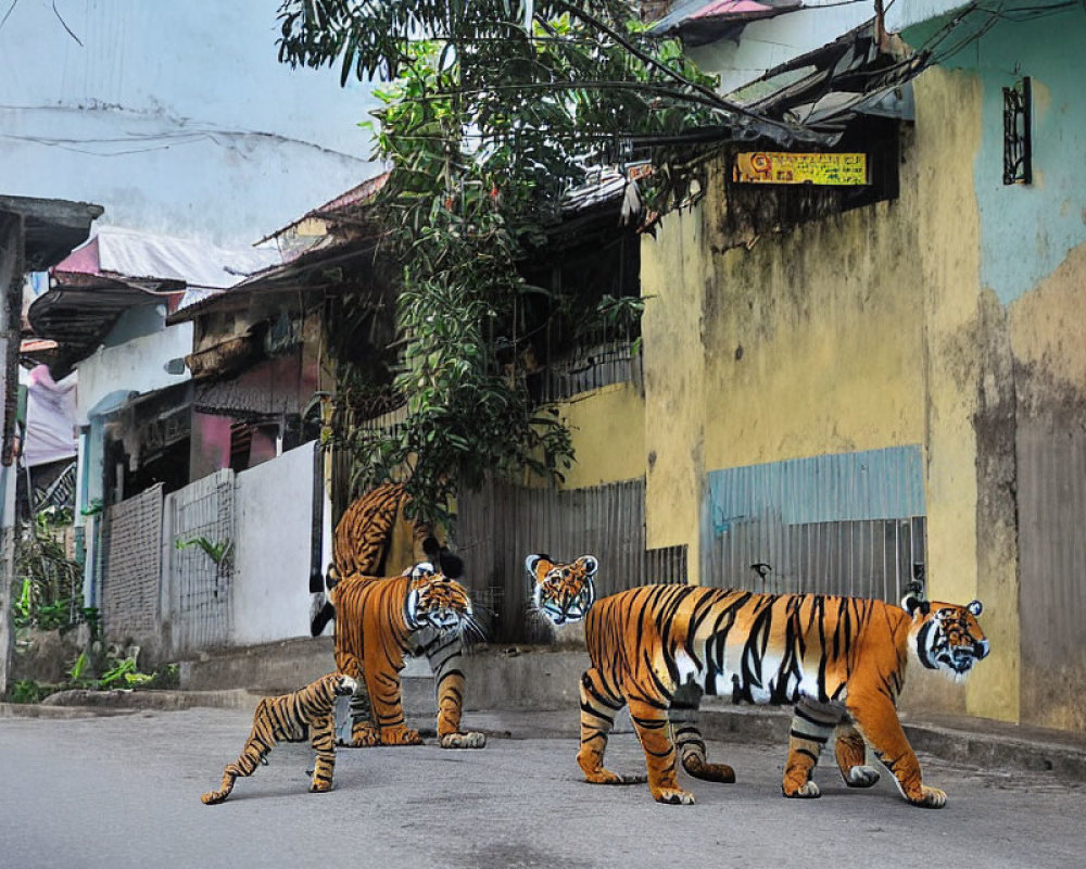 Three Tigers Roaming Quiet Street with Colorful Buildings