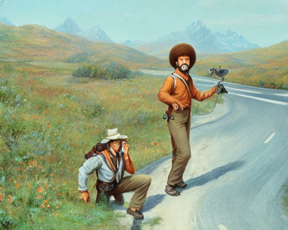 Men measuring on road with mountains in the background