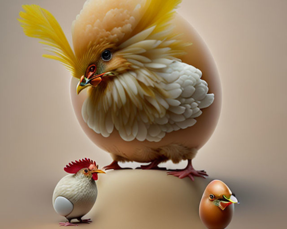 Illustration of large chicken with eggshell body and two tiny chickens