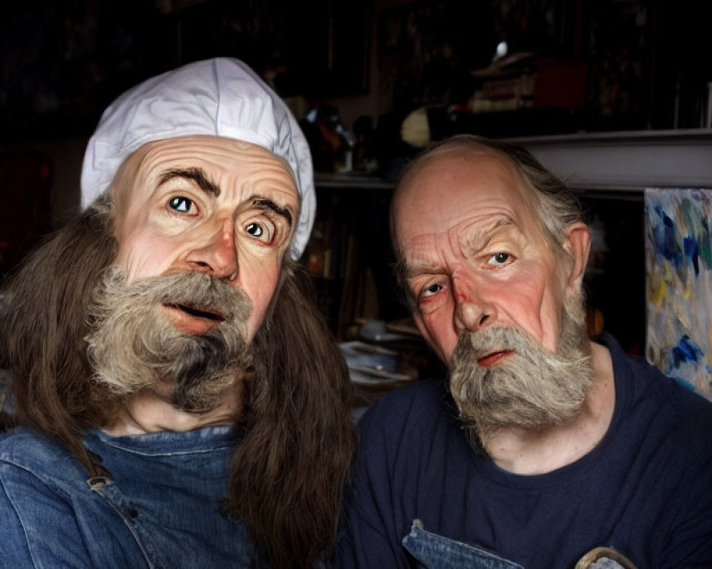 Elderly Men with Beards in Cluttered Room with Paintings