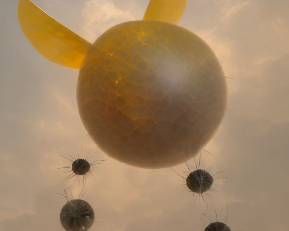 Golden sphere with translucent wings in cloudy sky, trailed by smaller black spheres.