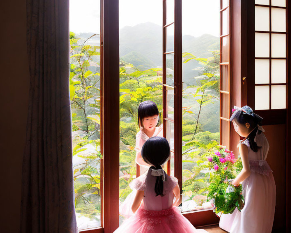 Three girls in dresses by an open window overlooking green hills, one holding a plant