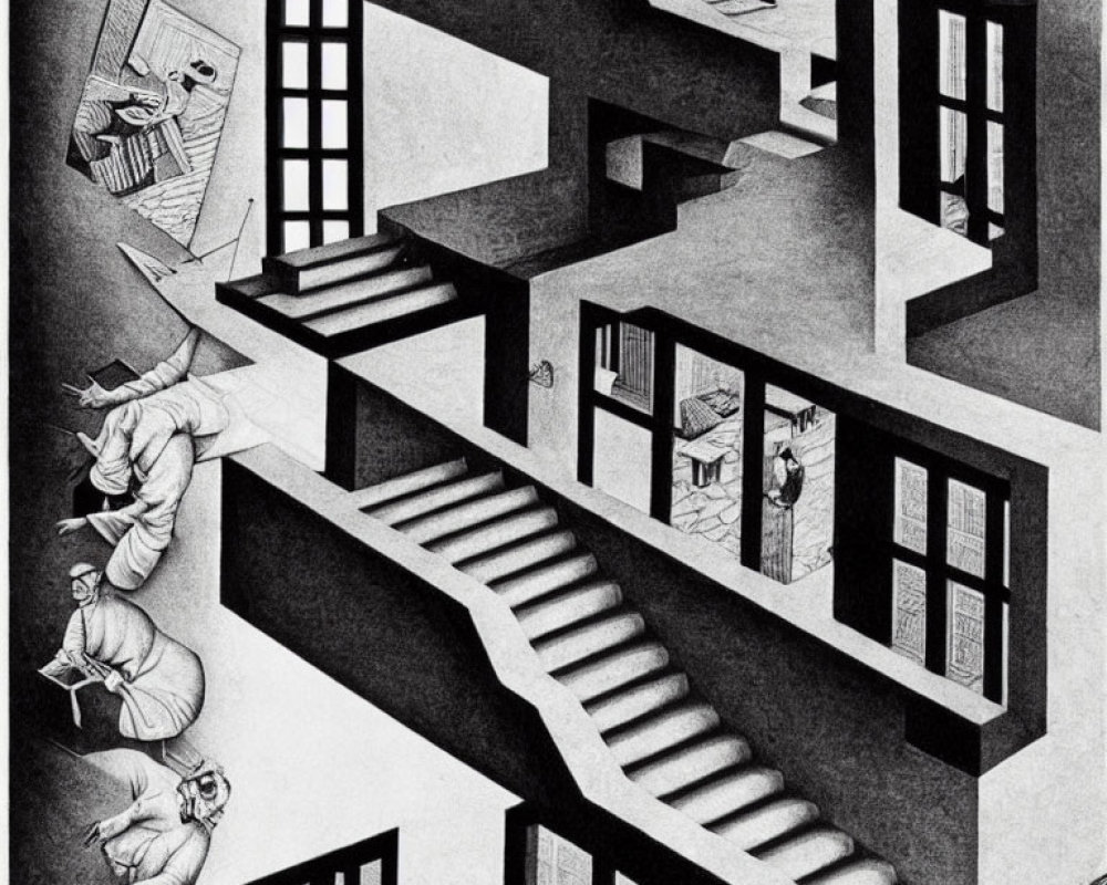 Surreal architectural illustration with staircases and gravity-defying figures