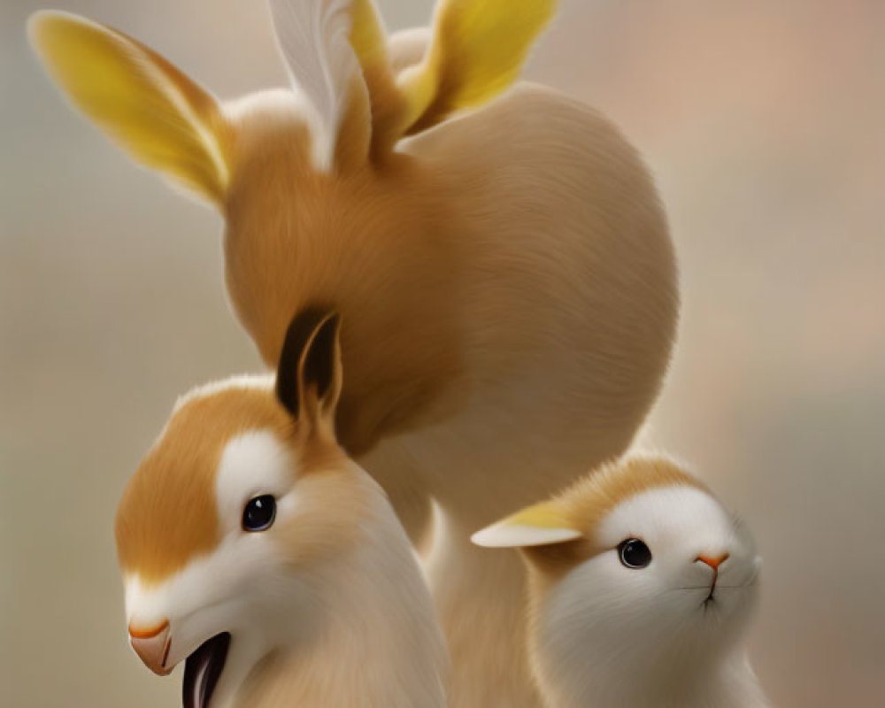 Whimsical rabbit-bird hybrid creatures stacked playfully