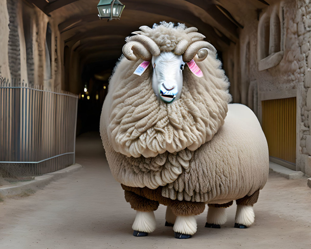 Oversized fluffy sheep with prominent wool in stone archway