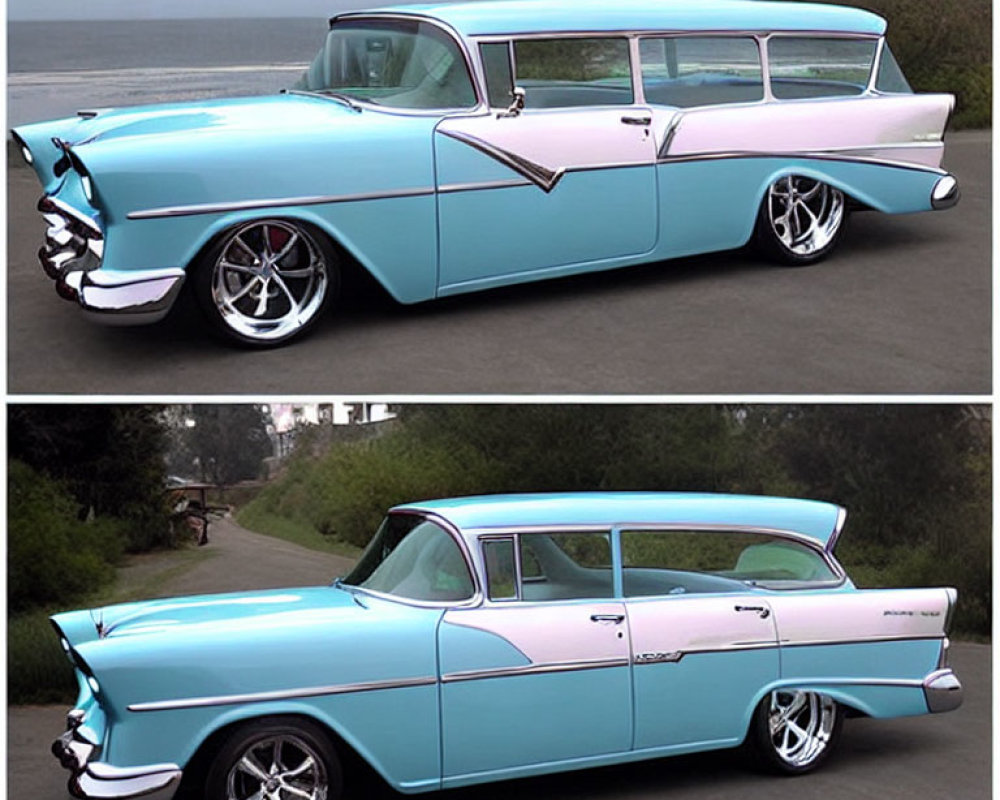 Classic Teal and White Station Wagon with Chrome Details and Modern Wheels parked by Roadside