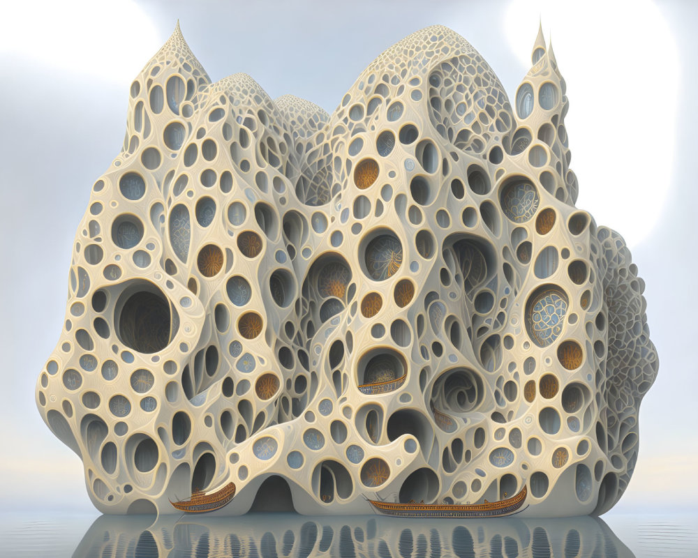Biomorphic 3D Render with Porous Walls and Undulating Forms