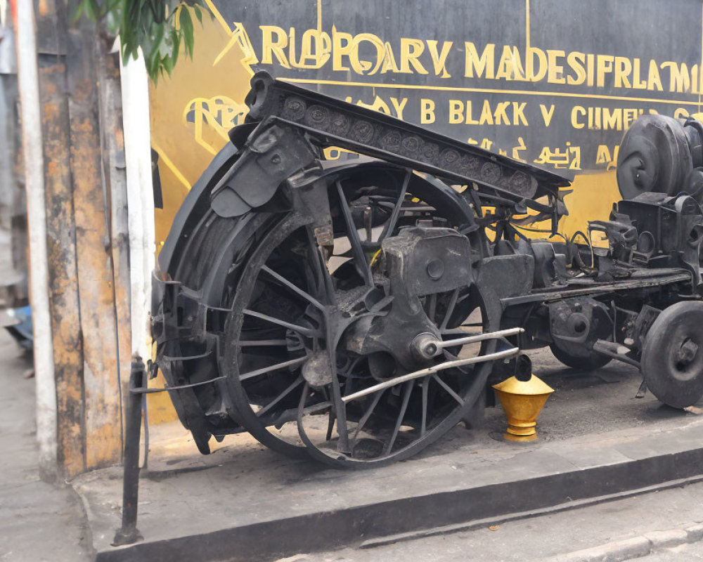 Vintage black steam locomotive wheel assembly on display with inscriptions.