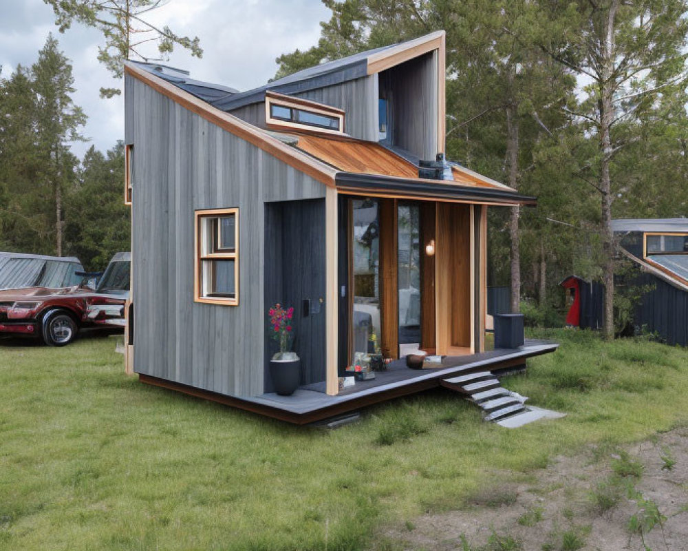 Modern tiny house with wooden accents and large windows in green surroundings with parked car under cloudy sky