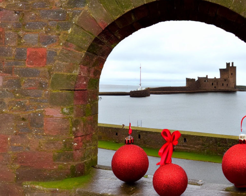Castle View Through Stone Archway with Christmas Ornaments and Overcast Skies
