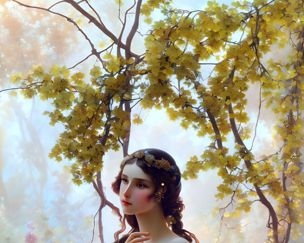 Woman in golden foliage with gentle gaze and delicate headpiece in dreamlike forest