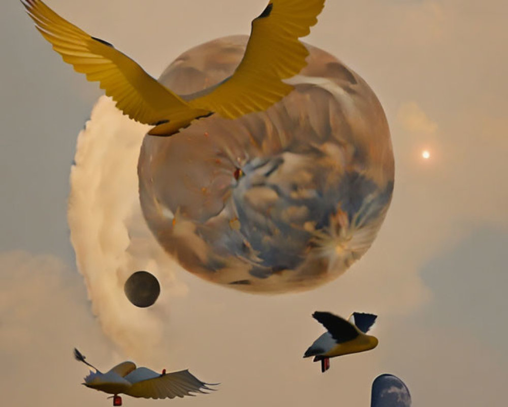Bird in Flight Against Surreal Sky with Moons and Floating Objects